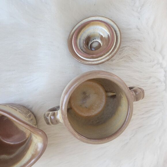 vintageFrankoma Pottery Mayan Aztec Brown Creamer & Lidded Sugar 7A 7B - Picture 4 of 5